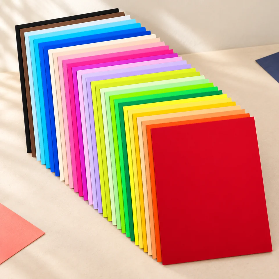 Yiichiy — papier cartonné A4 de 160 g de Yiichiy, mise en situation dans un atelier de papier écru et corail