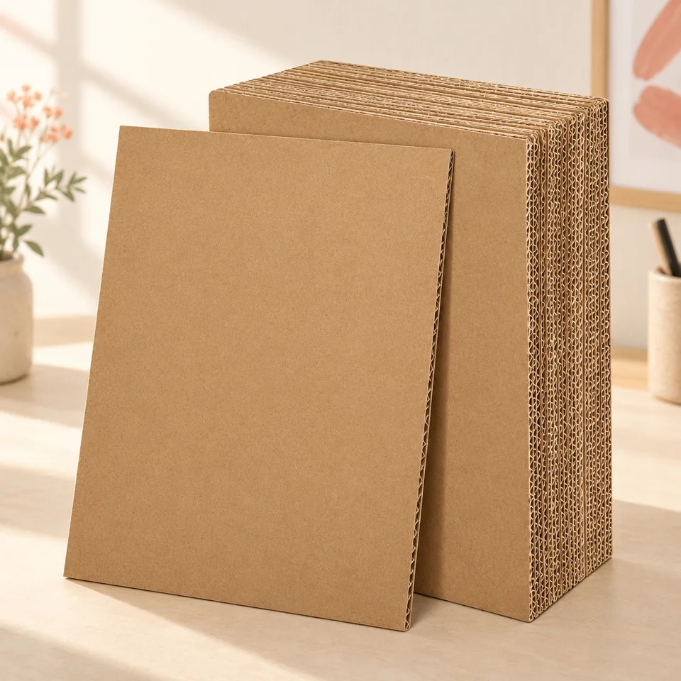 Yuejuhe — 20 plaques de carton ondulé kraft de yuejuhe, mise en situation dans un atelier de papier écru et corail