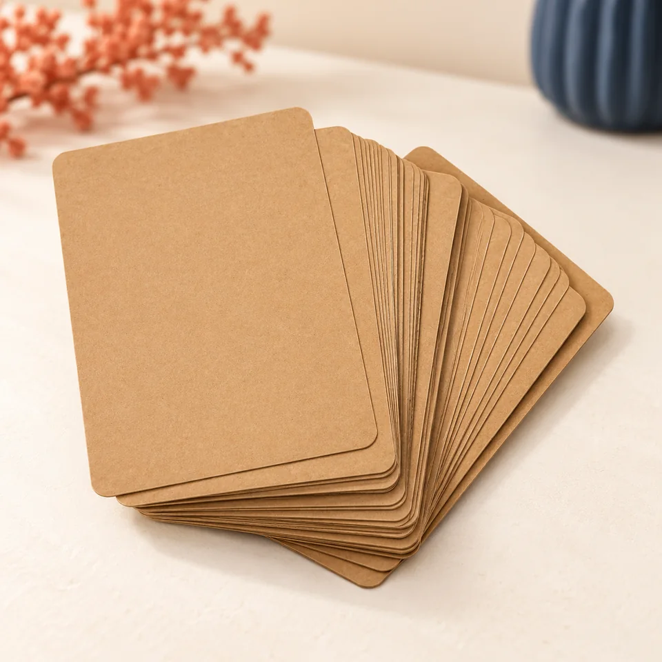 Zwenjuan — cartes kraft de 10 × 15 cm de Zwenjuan, mise en situation dans un atelier de papier écru et corail